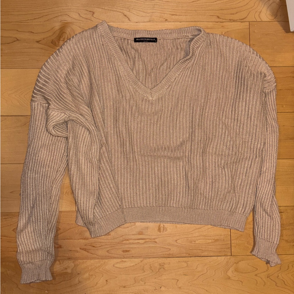Brandy Melville Beige V-Neck Ribbed Sweater
